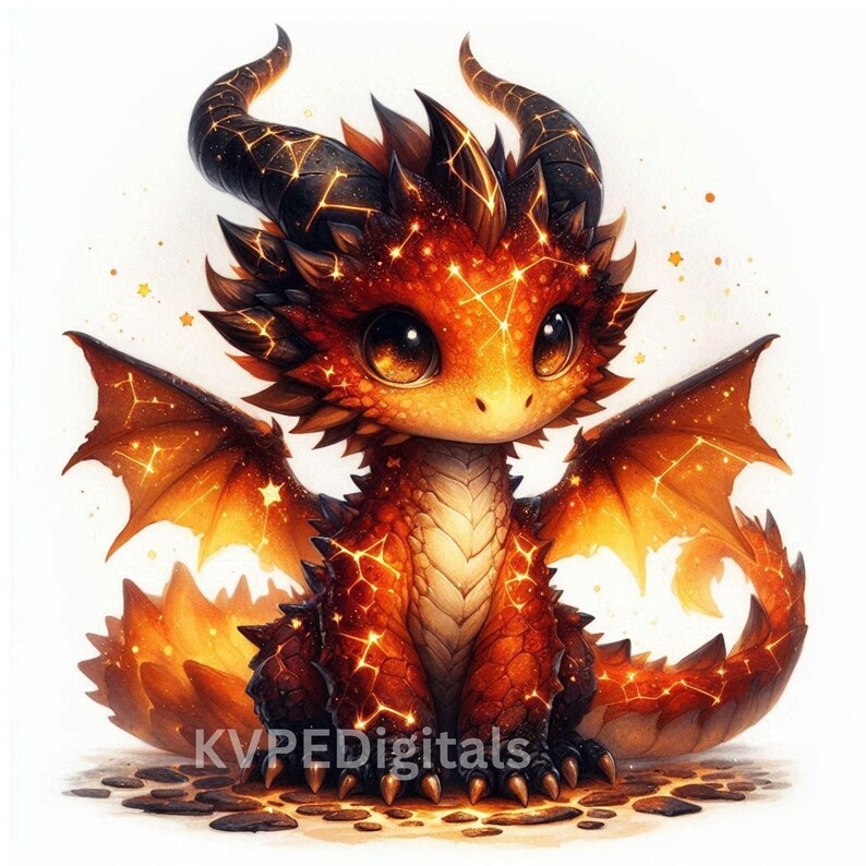 May include: A cute, cartoon-style dragon with orange and red scales, large eyes, and black horns. The dragon has glowing accents and is sitting down. The image has a white background and the text "KVPEDIGITALS" is at the bottom.