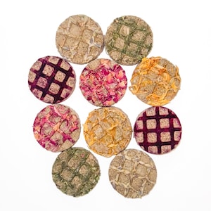 May include: Nine circular dried floral arrangements are arranged in a circle against a white background. The arrangements feature a variety of colors, including pink, purple, yellow, and green. The arrangements are made of dried flowers and herbs.