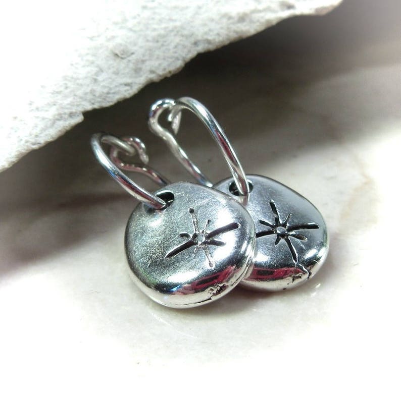 Small Hoop Earrings Silver with Star Dangle 8mm 10mm or 12mm