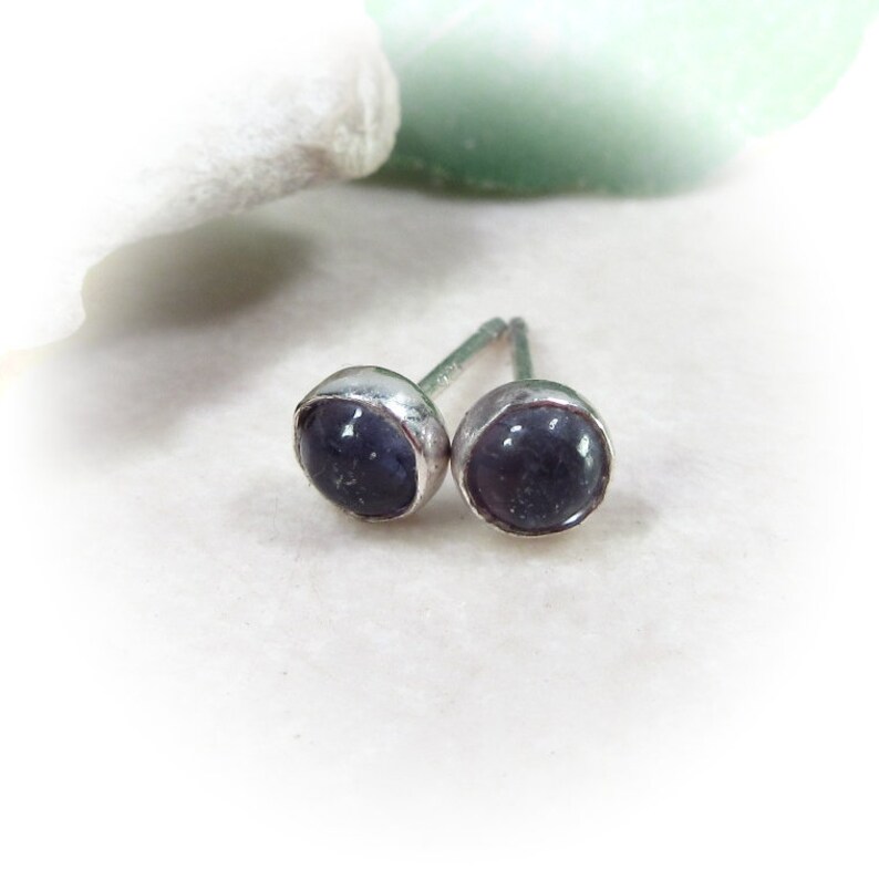 Stud Earrings Silver Iolite Gemstone 4mm