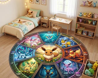 Op de afbeelding: Een rond vloerkleed met een centrale illustratie van Eevee, omringd door acht gesegmenteerde panelen die elk een andere Eevee-evolutie in een unieke omgeving tonen, met Poké Ball-iconen verwerkt in de decoratieve rand.
