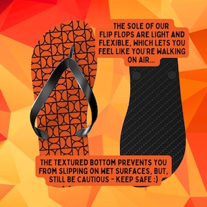 Geometrische Flip Flops. Orange & Schwarze Sommer Sandalen für Frauen. Slip-On Strand Flip Flops
