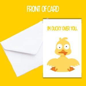 Cartão divertido para impressão de 'I'm Ducky over you' da GEOTRICKS 11 pol (5,5 pol dobrado) x 8,5 pol. Download imediato