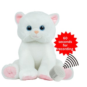 Personalized White Cat Stuffed Animal with Message, Plays Your Voice Recordings or Music; Sing a song, give a message - 16 inch Katie Cat