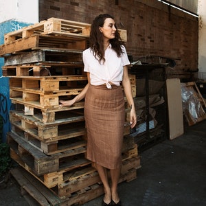 Pencil Skirt in Caramel Pinstripe Linen - 'Perennial' skirt