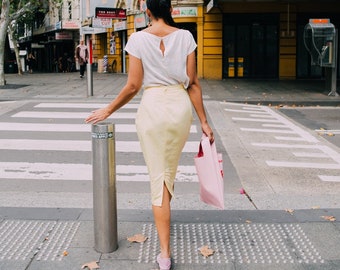 SALE - Lost Letter' Pencil Skirt in Canary Cotton Pique