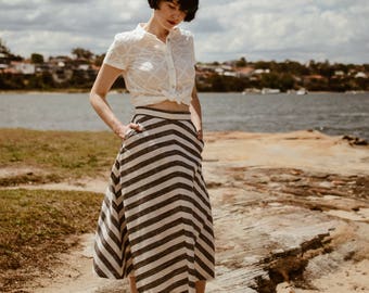 SALE - Late Ferry' A-line Skirt in Harbourside Stripe Linen