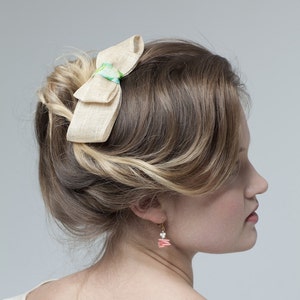 Sinamay Bow clip 'Riverina' clip in natural with La Mer watercolour detail image 1