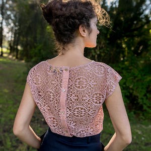 SALE Evergreen Button Back Peplum Blouse in Downy Flake Lace image 3