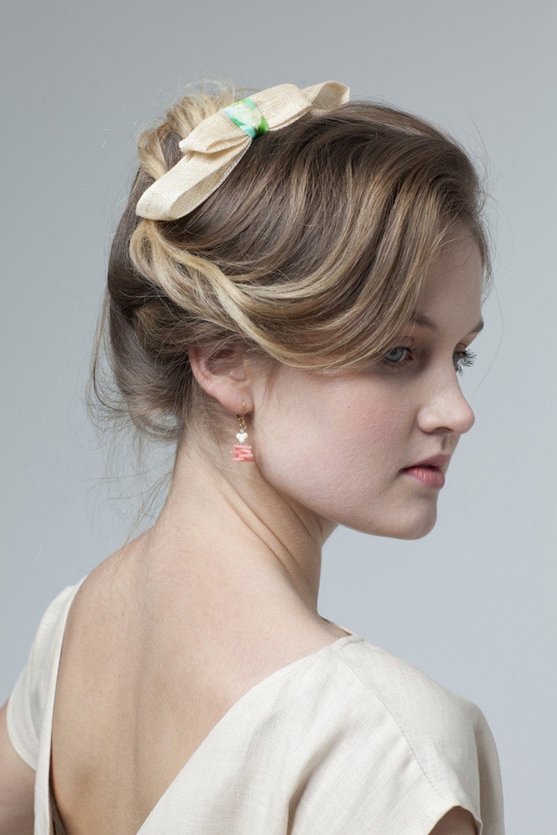 Sinamay Bow clip 'Riverina' clip in natural with La Mer watercolour detail image 2