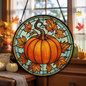 Autumn Pumpkin Suncatcher – Stained Glass Fall Decor for Windows, Halloween Sun Catcher Ornament, Cozy Harvest Window Hanging,Halloween Gift