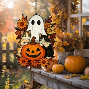 Cute Ghost Black Cat Acrylic Suncatcher, Ghost Acrylic Window Hanging, Pumpkin Spooky Halloween Bathroom Decor, Pumpkin Decor Gift