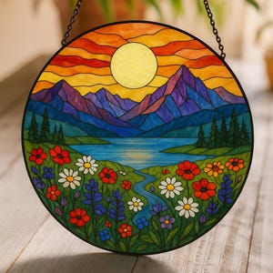 Mountain Wildflower Suncatcher Stained Glass Window Hanging Nature Art Gift for Mom Birthday,Stained Glass Window Decor,Christmas Home Decor