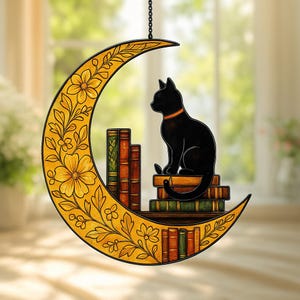 Black Cat on Mystical Moon ACRYLIC Suncatcher, Moon And Cat Suncatcher, Cat Lover Gift for Cat Mom, Gothic Home Decor for Halloween Gift