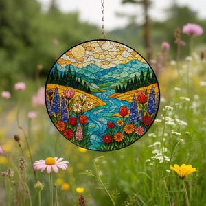 Mountain Wildflower Suncatcher Stained Glass Window Hanging Nature Art Gift for Mom Birthday,Stained Glass Window Decor,Christmas Home Decor
