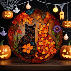 Halloween Cat & Flower Glass Suncatcher, Faux Stained Glass Window Hangings, Cat Art Decor, Perfect Birthday Gift for Cat Lovers, Home Decor