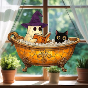 Reading Ghost in Teacup Faux Stained Glass Suncatcher, Faux Stained Glass Window Hangings,Cat Art Decor,Perfect Birthday Gift for Cat Lovers