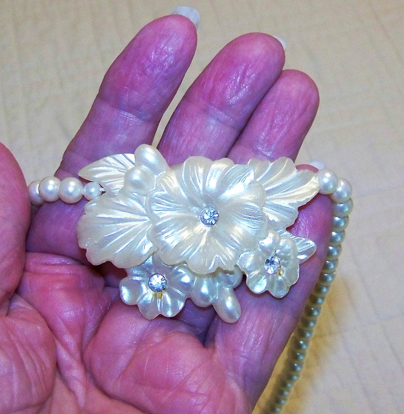 White Vintage Lucite Flower Necklace And Earrings With Rhinestone CentersAnd Free Shipping