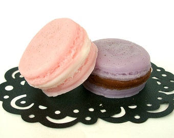 French Macarons  - Rose Cream and Lavender Chocolate - Goat's Milk Soap Set