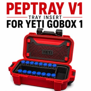 May include: A red storage case with a black interior tray insert labeled PEP TRAY V1 TRAY INSERT FOR YETI GOBOX 1. The open case features a black grid-patterned lid liner and a black tray holding two rows of small clear vials with blue caps.