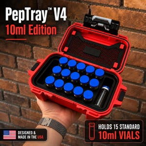 Puede incluir: Un estuche de almacenamiento rígido, rectangular y rojo, etiquetado como PepTray V4 10ml Edition. El estuche abierto tiene un inserto de espuma negra con 14 viales de vidrio pequeños con tapas azules y un espacio vacío para 15 viales de 10ml.