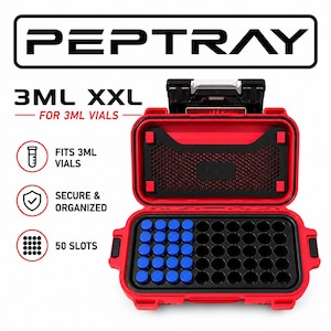 May include: A red and black PEP TRAY storage case with a hinged lid, featuring 50 circular slots for 3ML vials. The interior contains blue caps in some slots. Text includes PEP TRAY, 3ML XXL, FOR 3ML VIALS, FITS 3ML VIALS, SECURE & ORGANIZED, 50 SLOTS.