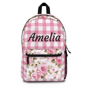 Floral Backpack with Name Custom Book Bag Pink Plaid Backpack Girl&#39;s Back to School Supplies Preppy Bags Rose Pink Gingham Back Pack Girls