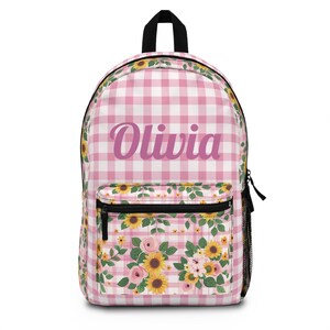 Sunflower Backpack Personalized with Name Gingham Book Bag Plaid Backpack Girl&#39;s Back to School Supplies Preppy Stuff for School Bday Gift