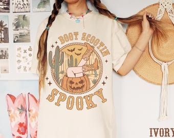 Boot Scootin Spooky Cowgirl Halloween Shirt Wild West Halloween Retro Western Aesthetic Cowgirl Boots Shirt Pumpkin Halloween Pajamas Her