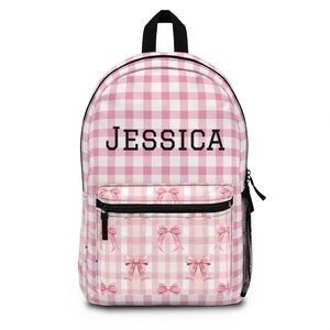 Custom Backpack with Name Pink Gingham Backpack Coquette Bow Bookbag Girl&#39;s Back to School Supplies Preppy Stuff for Girls Plaid Backpack