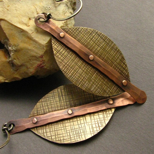 Large Mixed Metal Earrings - Copper,  Brass And Sterling Silver Riveted Rustic Earrings - Modern Tribal Jewelry