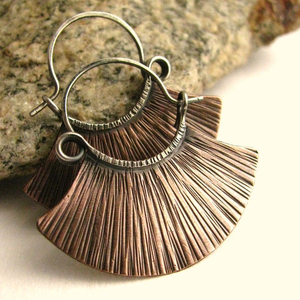 Copper Earrings, Sterling Silver And Copper Hoops, Ethnic Hoop Earrings Mixed Metal Earrings, Artisan Earrings, Rustic Metalsmith Jewelry