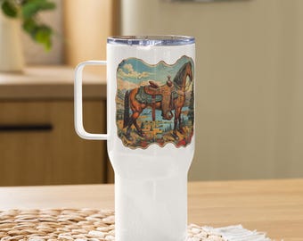 Western Horse Travel Mug with Handle: Country Stainless Steel Mug