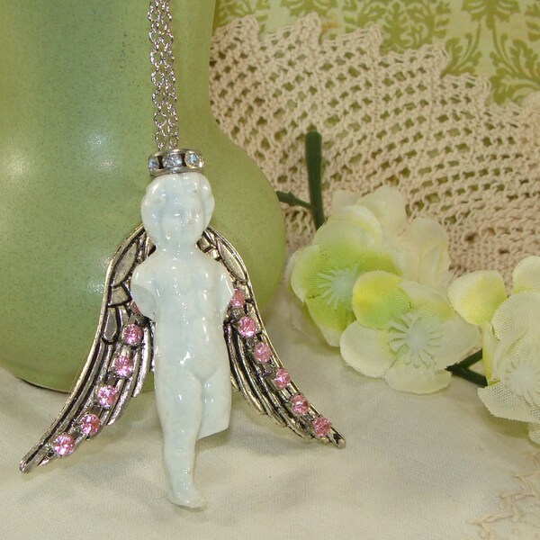 Gefrorene Charlotte Necklace Silver Wings Crystal Crown Tiara und Rosa Strass Akzenten authentischen deutschen Puppe Teil einzigartige Unikate Anhänger