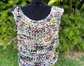 Midnight Garden Chunky Mohair Art Vest – Indigo, Wildflower & Rainbow Speckle