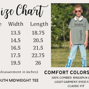 May include: A size chart for a youth midweight tee, with measurements in inches. The chart lists sizes XS to XL, with widths from 13.5 to 19.5 inches and lengths from 18.75 to 26 inches. A boy models the tee.