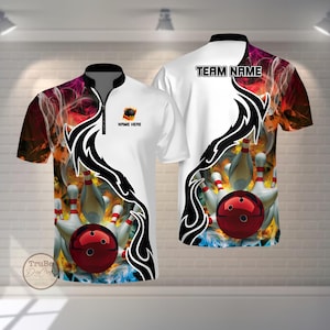 May include: White bowling shirt with a black collar and zipper. The shirt features a bowling ball and pins design with a flame and tribal pattern. The text "NAME HERE" is printed on the front, and "TEAM NAME" on the back.