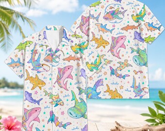 Colorful Shark Ocean Hawaiian Shirt, Cute Shark Tropical Aloha Shirt, Coastal Beach Summer Button Shirt, Shark Lover Gift,  Aquarium Gift