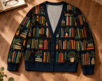 Retro Black Cat Bookshelf Cardigan Sweater, Vintage Library Book Cardigan, Gift for Book Lovers, Reader Sweater, Cat Mom Cardigan, Bookworm