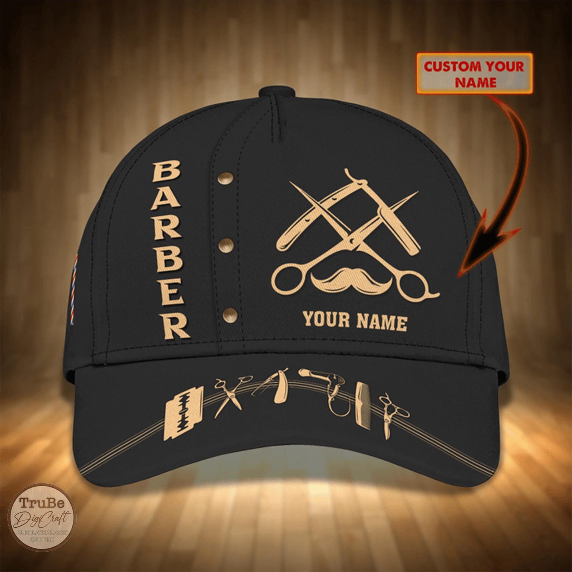 Personalized Name Barber Tools 3D Baseball Cap, Custom Name Barber Tools Classic Cap, Gift for Barbershop Owner, Barber Classic Cap