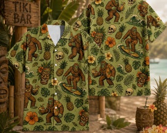 Tropical Bigfoot Tiki Hawaiian Shirt, Funny Sasquatch Jungle Pineapple Aloha Shirt, Tiki Mask Printed Shirt, Summer Beach Party Outfit