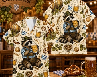 Oktoberfest Raccoon Hawaiian Shirt for Men Women, Cute German Bavarian Shirt Button Down, Festival Beer Drinking Wear, Beer Lover Gift