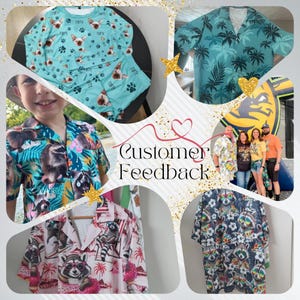 May include: A collage of various shirts and pajamas with animal and tropical designs. The image includes a light blue pajama set with dog faces and paw prints, a teal shirt with palm trees, and several Hawaiian shirts with raccoon and tropical themes. The text "Customer Feedback" is also present.