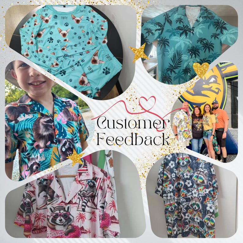 May include: A collage of various shirts and pajamas with animal and tropical designs. The image includes a light blue pajama set with dog faces and paw prints, a teal shirt with palm trees, and several Hawaiian shirts with raccoon and tropical themes. The text "Customer Feedback" is also present.