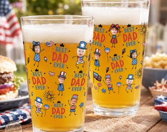 Personalized Best Dad Ever USA Beer Glass with Kids Photo, Custom Father's Day Gift for Papa,Funny Pint Glass from Kids,Gift for Veteran Dad