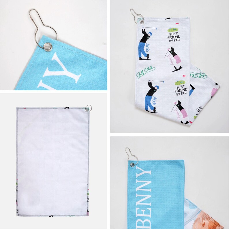 May include: Golf towels with a metal hook for hanging. One towel is light blue with a white letter "Y". Another towel is white with golf-themed graphics and the text "BEST FRIEND BY PAR". The third towel is light blue with the name "BENNY".