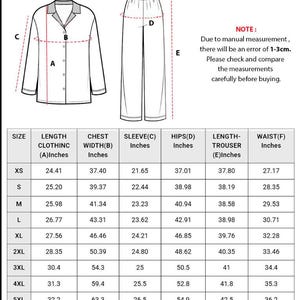 May include: A white pajama set with a collared button-down shirt and matching pants. The image includes a size chart with measurements in inches for length, chest width, sleeve, hips, trouser length, and waist.