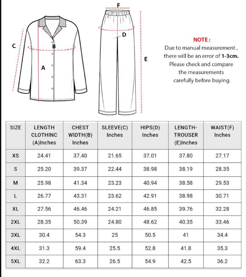 May include: A white pajama set with a collared button-down shirt and matching pants. The image includes a size chart with measurements in inches for length, chest width, sleeve, hips, trouser length, and waist.
