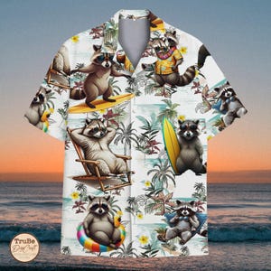 Raccoon Surfing Hawaiian Shirt Men Women Youth, Funny Raccoon Shirt, Raccoon Button Up, Summer Beach Short Sleeve Button Down,Raccoon Lovers
