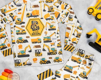 Personalized Kid Construction Pajama Set, Custom Kid Name Monster Truck Sleepwear, Christmas Gift for Boy, Son, Family Matching Pjs